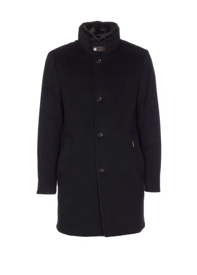 Moorer High Neck Long Padded Coat With Fur In Blue