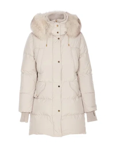 Moorer Fur Trim Quilted Jacket With Fox Detail In Beige