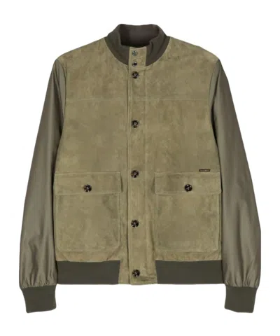 Moorer Contrast-panel Suede Bomber Jacket In Green