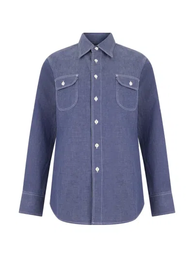 Moorer Contrast-stitch Chest-pocket Shirt In Blue