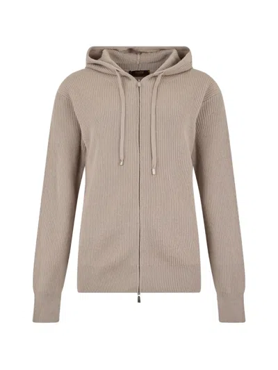 Moorer Corniolaig Ribbed-knit Zip-up Hooded Cardigan In Neutral