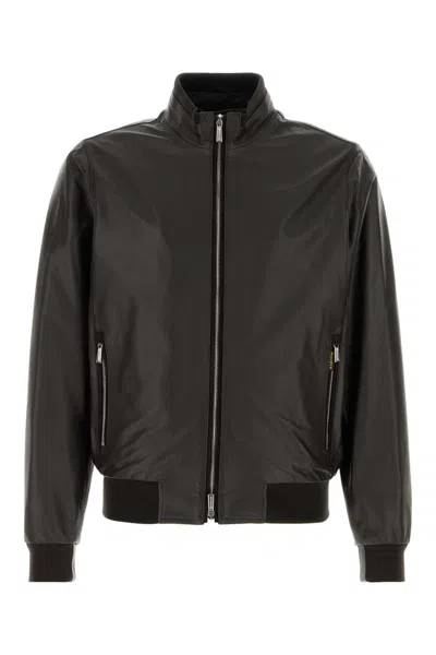 Moorer Carasco Leather Jacket Stand Collar Ribbed In Black