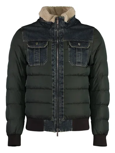 MOORER DENIM-PANELLED BOMBER JACKET
