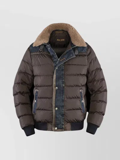 Moorer Denim Trimmed Shearling Collar Padded Jacket In Brown