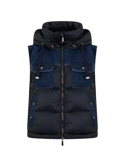 Moorer Denim-panelled Padded Gilet In Black