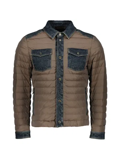 Moorer Denim-panelled Quilted Jacket In Brown