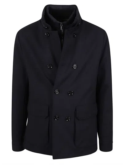 MOORER DOUBLE-BREASTED BLACK PEACOAT WITH DETACHABLE LINING