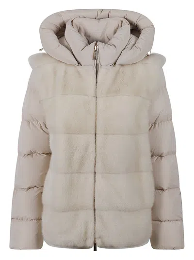 MOORER DOWN JACKET WITH HORIZONTAL MINK FUR BANDS AND REMOVABLE SLEEVES