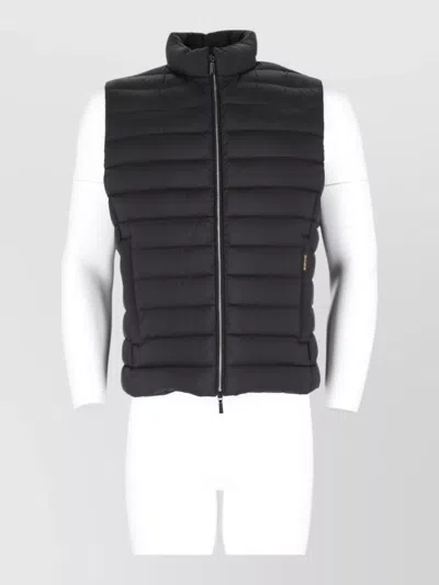 Moorer Padded Black Vest With Horizontal Quilted Stitching And High Collar