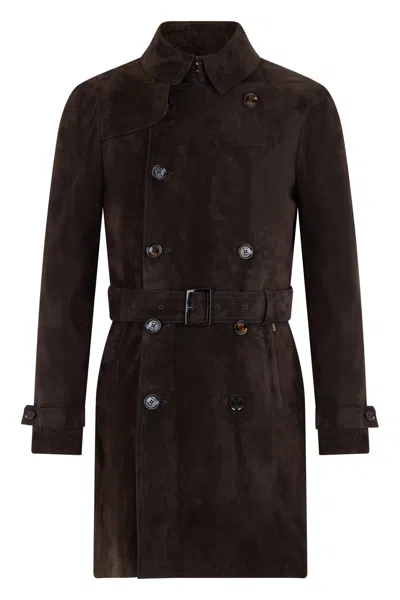 Moorer Elegant Fitted Leather Trench Coat With A Chic Belt In Brown