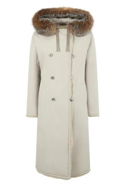Moorer Elegant Long Coat With Fur Collar In Neutral