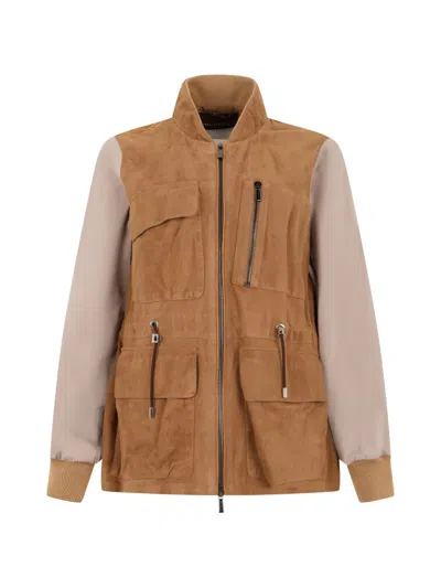 Moorer Estelle-p Suede-panelled Drawstring Jacket In Brown