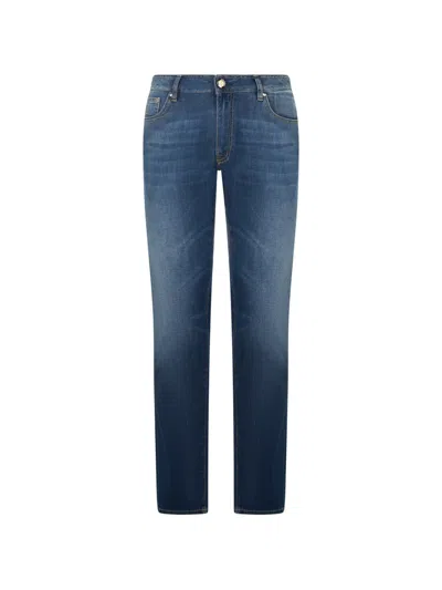 Moorer Faded Five-pocket Denim In Blue