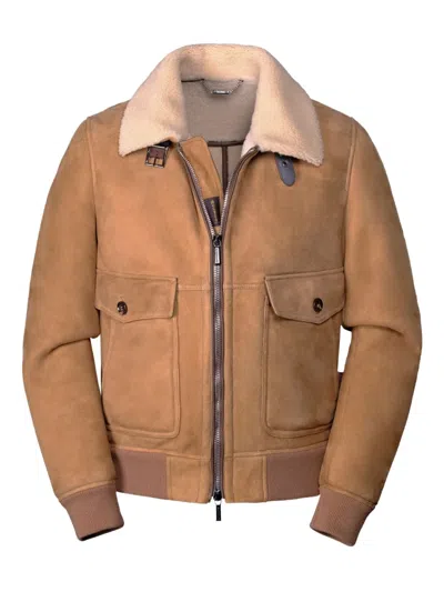 Moorer Fiano-me7 Shearling Collar Pocket Jacket In Brown