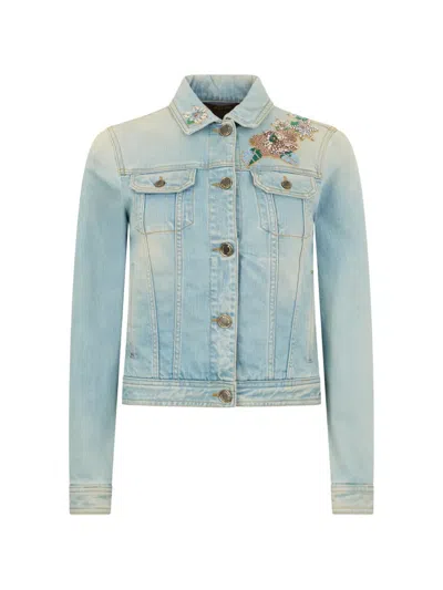 Moorer Floral-embroidered Denim Jacket In Blue