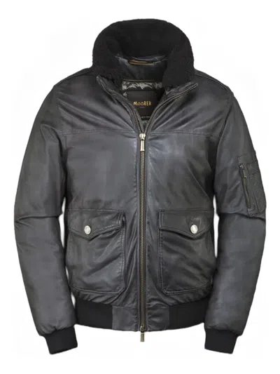 Moorer Folco-pe1 Leather Shearling-collar Jacket In Black