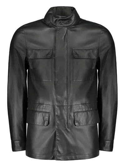 MOORER FOUR-POCKET DRAWSTRING LEATHER JACKET