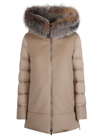 Moorer Down Jacket With Fur Trim Hood In Brown