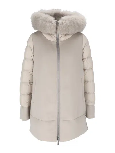 Moorer Fresia-le Almond Quilted-sleeve Padded Fur-trimmed Jacket In Gray