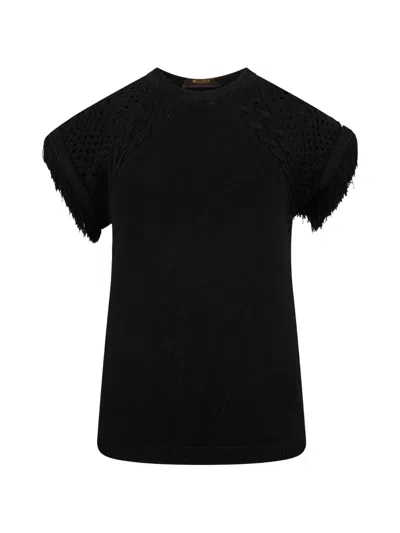 Moorer Fringe-trim Cable-knit Sweater In Black