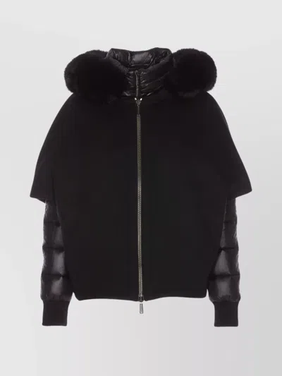 Moorer Fur Trim Hooded Jacket With Quilted Sleeves In Black