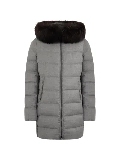 Moorer Fur-trim Padded Single-breasted Coat In Gray