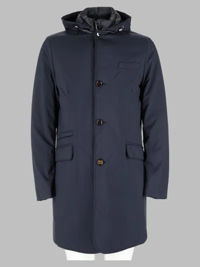 Moorer Mid-length Structured Coat With Button-up Front And Hood In Blue