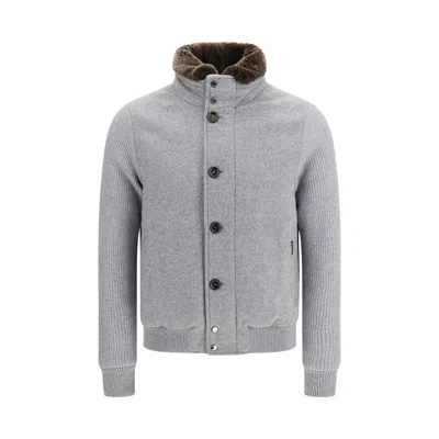 Moorer Ribbed-knit Sleeve Fur-collar Jacket In Gray