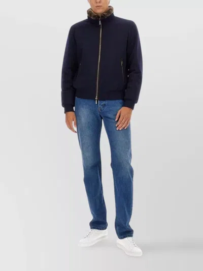Moorer High Collar Coat With Ribbed Cuffs And Hem In Blue