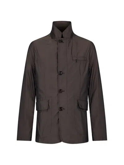 Moorer High-collar Buttoned Jacket In Brown