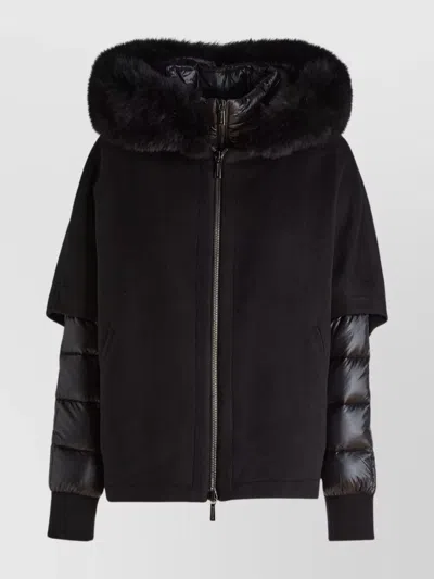 Moorer Hooded Coat With Fur Trim And Quilted Sleeves In Black