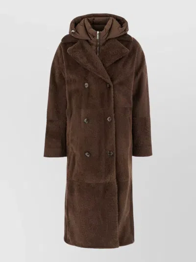 Moorer Hooded Double Breasted Down Jacket Oversized In Brown