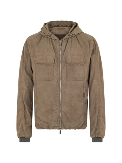 Moorer Hooded Flap-pocket Bomber Jacket In Brown