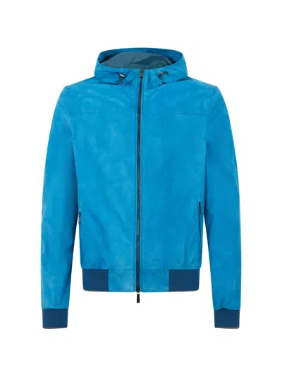 Moorer Hooded Leather Jacket In Blue