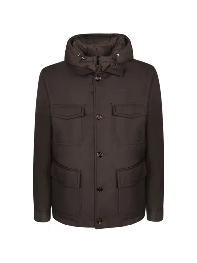 Moorer Hooded Multi-pocket Jacket In Brown