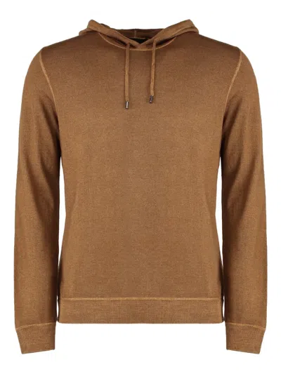 Moorer Hooded Ribbed Sweater In Brown