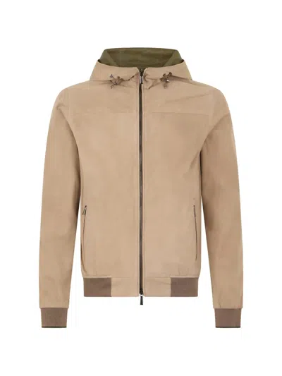 Moorer Hooded Zip Leather Jacket In Neutral