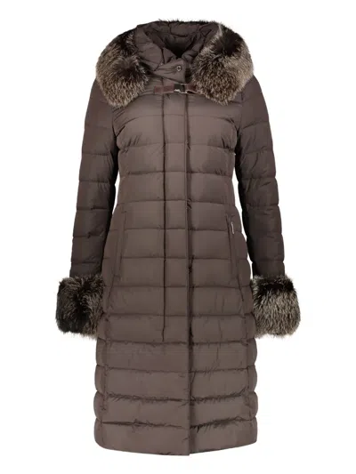 Moorer Hooded Zip-up Coat In Brown