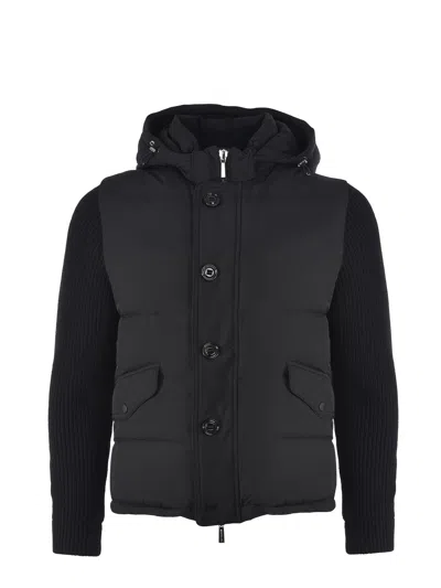Moorer Knitted Sleeve Hooded Padded Jacket In Black