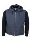 Moorer Bomber Jacket In A Mix Of Materials With Detachable Hood In Smooth Waterproof Fabric And Padded With In Blue
