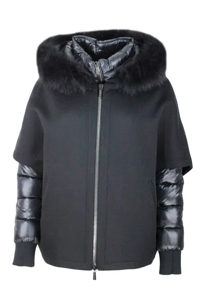 Moorer Short Cape In Dark Gray Cashmere Wool With Detachable Goose Down Jacket