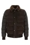 Moorer Viani Suede Padded Jacket With Shearling Collar In Brown