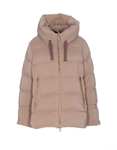 Moorer Long Padded Quilted Jacket Hood In Pink