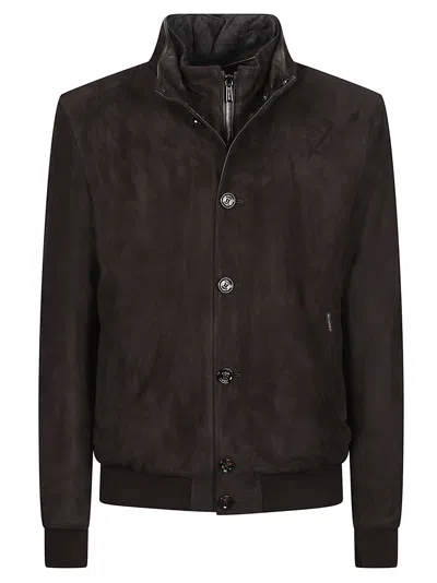 Moorer Janos-ur Suede Stand-collar Bomber Jacket In Brown