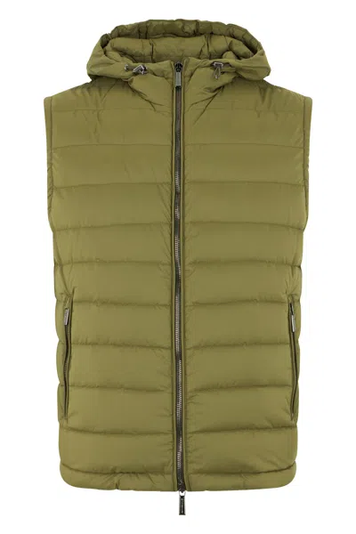 Moorer Khaki Padded Gilet With Adjustable Hood In Green