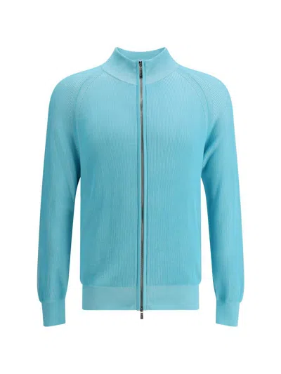 Moorer Ribbed Collar Cardigan Long Sleeves In Blue