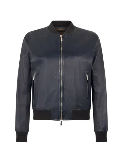 Moorer Leather Bomber Jacket In Blue