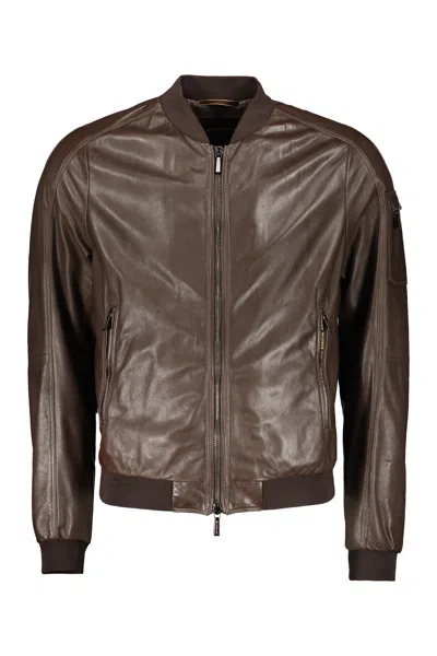Moorer Leather Bomber Jacket In Brown