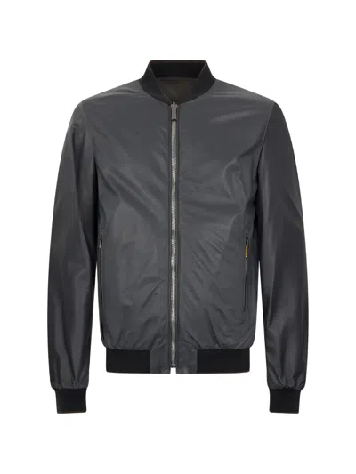 Moorer Leather Bomber Jacket In Gray