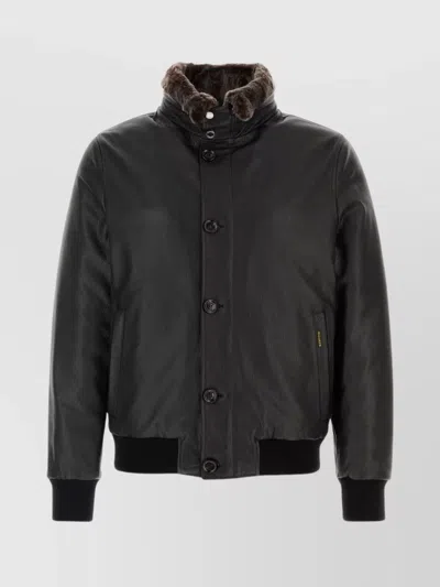 MOORER LEATHER BOMBER JACKET WITH RIBBED CUFFS AND HEM